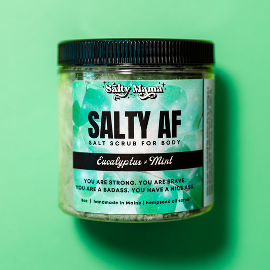 Salty AF | Eucalyptus + Mint | Hempseed Oil Salt Scrub for Body | Inappropriate Affirmation Gift for Her